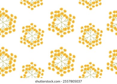 Seamless pattern of geometric sunflower mandalas on white background.