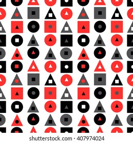 Seamless pattern with geometric symbols: triangle, circle, square. Abstract background in black, red colors. Vector illustration. background for website, brochures and presentations in a modern style