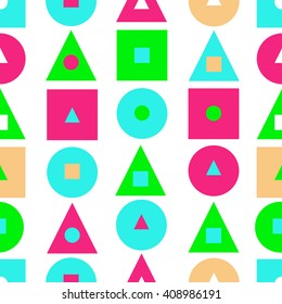Seamless pattern with geometric symbols: triangle, circle, square. Abstract background in bright colors. Vector illustration. background for website, brochures and presentations in a modern style