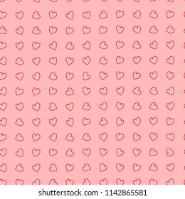 Seamless pattern. Geometric, symmetrical pattern of hearts on a pink background. Drawing for wedding invitations, packing gifts and festive decorations.