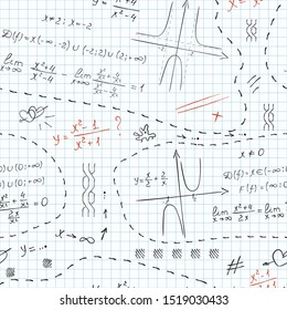 Seamless pattern with geometric tasks and drawings on a squared notebook sheet. Vector