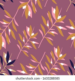 Seamless pattern with geometric trendy branch leaves in retro style. Summer tropical leaf. Botanical wallpaper. Design for fabric, textile print, wrapping paper. Textile ornament. Vector illustration