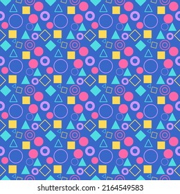 Seamless pattern, geometric, triangle, circle, square, blue, green, yellow, pink background, for printing.  Fashion clothes, book covers, wallpapers, containers, shawls