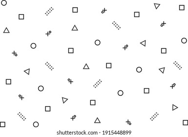 Seamless pattern of geometric with triangles, circles, squares, crosses, and point groups as components on white background elements, simple background. 