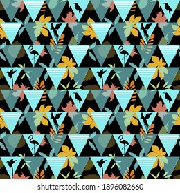 Seamless pattern with a geometric pattern of triangles, with the image of birds and leaves