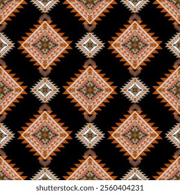 seamless pattern. Geometric Tribal Pattern with Orange and Pink Diamonds on Black Background. Geometric Ethnic pattern, Native American tribal fabric, tile, Carpet, vector, illustration design.