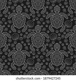 Seamless pattern with  geometric turtles and seashells, light contour animals on a dark background