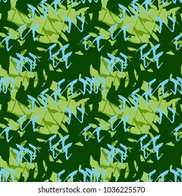 Seamless pattern with geometric UFO urban camouflage. Abstract modern military green and light blue textured camo background. Usable for textile print or backdrop for site
