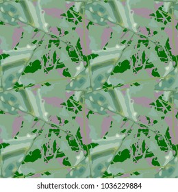 Seamless pattern with geometric urban UFO camouflage. Abstract modern military green and light purple background. Usable for textile print or backdrop for site