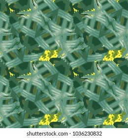 Seamless pattern with geometric urban UFO camouflage. Abstract modern military dark green and yellow camo background. Usable for textile print or backdrop for site