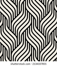 Seamless pattern with geometric weaves. Endless stylish texture. Herringbone monochrome background. Striped rhythmic grid. Bold interlaced swatch.