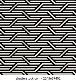 Seamless pattern with geometric weaves. Endless stylish texture. Herringbone monochrome background. Striped rhythmic grid. Bold interlaced swatch.