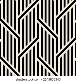 Seamless pattern with geometric weaves. Endless stylish texture. Herringbone monochrome background. Striped rhythmic grid. Bold interlaced swatch.