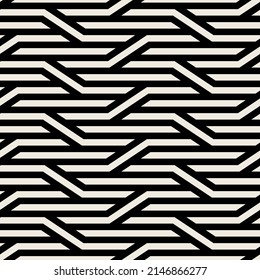 Seamless pattern with geometric weaves. Endless stylish texture. Herringbone monochrome background. Striped rhythmic grid. Bold interlaced swatch.