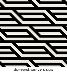 Seamless pattern with geometric weaves. Endless stylish texture. Herringbone monochrome background. Striped rhythmic grid. Bold interlaced swatch.