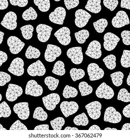 Seamless pattern with geometric white hearts. Valentine's Day background. Low-poly polygonal. Holiday template. Abstract texture made of triangles. For wallpaper, web page, surface textures.