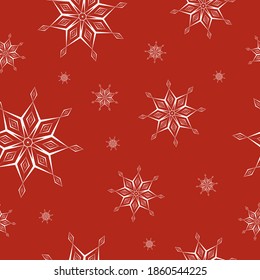 Seamless pattern of geometric white snowflakes different sizes on red background. Flat style winter holiday and Happy New Year concept. Christmas ornament for textile or wrapping paper