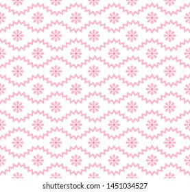 Seamless pattern with geometric zigzag and small flowers. Abstract black and white floral texture. Simple monochrome background. Repeat design for decor, fabric, prints.