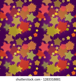 Seamless pattern from geometrical abstract ornaments in red, green and brown shades on a dark violet background. Vector illustration. Suitable for fabric, wallpaper, wrapping paper