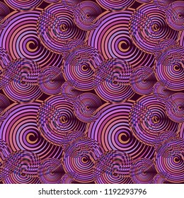 Seamless pattern from geometrical abstract spiral ornaments multicolored in pink and purple shades on a dark background. Vector illustration. Suitable for fabric, wallpaper, wrapping paper
