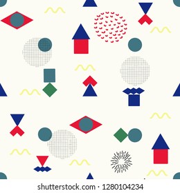 Seamless pattern, geometrical design, Memphis style, abstract art, wall-paper, cover, multi-colored, vector illustration