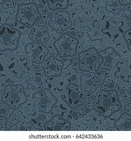 Seamless pattern. Geometrical flowers. The five-sided elements. Fashionable camo for women and children. Blue-gray and blue-green tones.