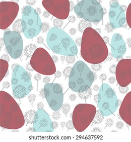 Seamless pattern with geometrical flowers on white background with blue and purple spots. Vector illustration for web design, wallpaper, textile, wedding design and other.