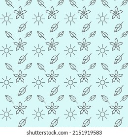 Seamless pattern with geometrical flowers, sun and leaves on the blue background. Simple shapes. Vector pattern for decorative paper, wrapping, textile and packaging.