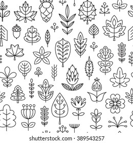 Seamless pattern with Geometrical leaves, trees and flowers. Linear style. Vector illustration for your cute design.