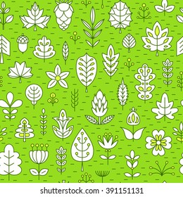 Seamless pattern with Geometrical leaves, trees and flowers. Linear style. Vector illustration for your cute design.