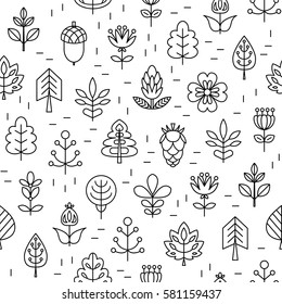 Seamless pattern with Geometrical leaves, trees and flowers. Linear style. Vector illustration for your cute design.