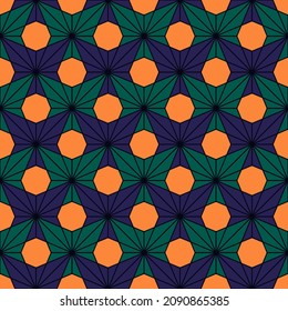 Seamless pattern. Geometrical maple leaves. Repeated triangles, octagons, orchid flowers. Floral abstract. Ethnic background. Japanese asanoha motif. Digital paper. Geometric textile print. Vector art