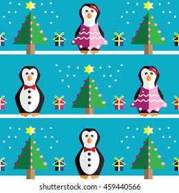 Seamless pattern with geometrical Mr and Mrs Penguin, gifts with ribbon, snow, Christmas trees with  pink lights and star element in two shades on light blue background 
