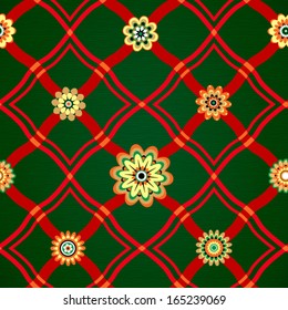 Seamless pattern with a geometrical ornament and flowers. Bright red stripes and flowers on a dark green background. Red plaid.