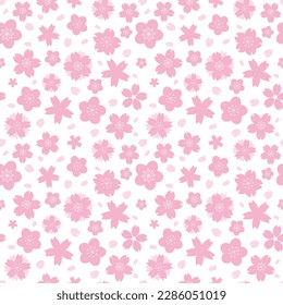 Seamless pattern with geometrical pink sakura flowers, Japanese hanami pattern. Flat cherry blossom repeat texture on white background for wallpaper, textile, print. Vector illustration EPS10