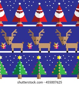 Seamless pattern with geometrical Reindeer, gifts, Santa Claus, snow, Christmas trees with  light blue, orange, pink lights and star element in two shades on dark blue background 
