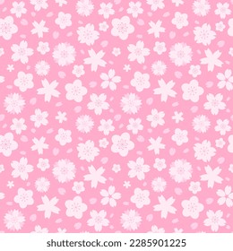 Seamless pattern with geometrical sakura flowers, Japanese hanami pattern. Flat cherry blossom repeat texture on pink background for wallpaper, background, textile, print. Vector illustration EPS 10