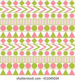 Seamless pattern with geometrical shapes. Abstract colorful bright background with triangles, circles and lines. Pink and green seamless pattern for children. Vector illustration.