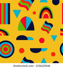 Seamless Pattern with geometrical shapes. Geometrical seamless with triangles, circles, wavy stripes, semicircles, rectangles. For print, fabric, business design.Vector