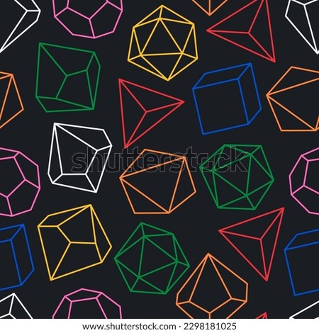 Seamless pattern with geometrical shapes. Various polyhedral figures, dices for rpg tabletop games. Colorful line silhouettes. D4, d6, d8, d10. Vector illustration