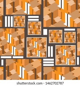 Seamless pattern of geometrically complex elements and white rectangles on a dark brown background. Vector illustration