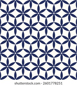 Seamless pattern of geometricblue floral shapes on a cream background, creating a symmetrical and elegant design. Vector illustration.