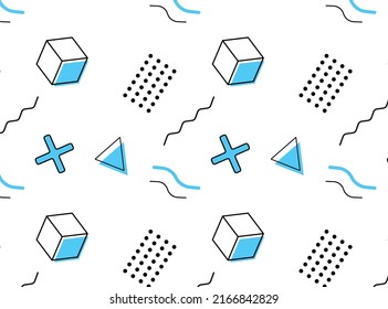 Nahtloses Muster mit Memphis-Stil aus geometrischen Elementen, Hipster Mode-Memphis-Stil.
