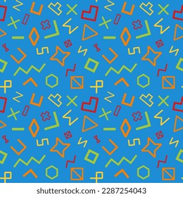 The seamless pattern in geometry art theme with geometry shape, corner, triangle, square, hexagon, cross, rectangle, heart, diamond in blue, yellow, red, green and orange color, Vector Illustration