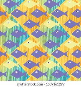 Seamless pattern with geometry fishes and wave lines.