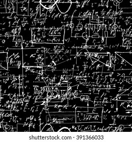 Seamless pattern of geometry, math, physics, electronic engineering subjects. Mathematics equation and calculations, endless hand writing. Black Background. 
