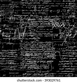 Seamless pattern of geometry, math, physics, electronic engineering subjects. Mathematics equation and calculations, endless hand writing. Black Background. 