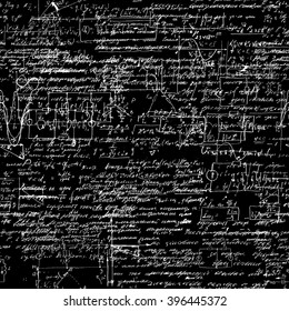 Seamless pattern of geometry, math, physics, electronic engineering subjects. Mathematics equation and calculations, endless hand writing. Black Background. 