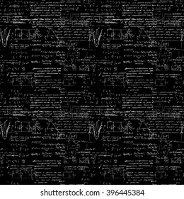 Seamless pattern of geometry, math, physics, electronic engineering subjects. Mathematics equation and calculations, endless hand writing. Black Background. 