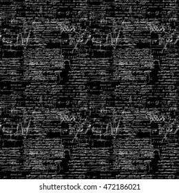 Seamless pattern of geometry, math, physics, electronic engineering subjects. Mathematics equation and calculations, endless hand writing. Black Background. 